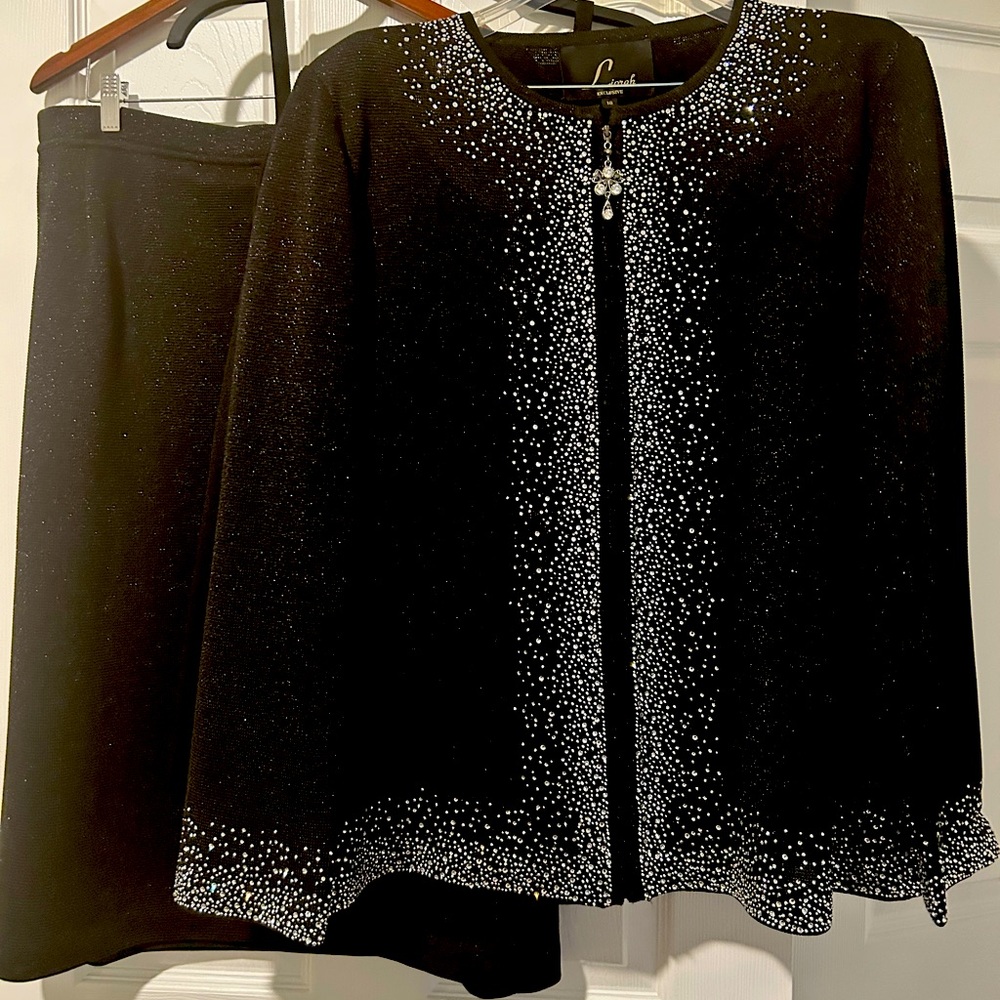 Liorah 3 pc Exclusive Knit Women’s Church Suit with Rhinestones and Zipper.